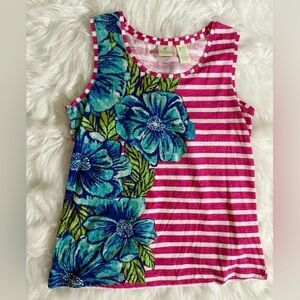 Caribbean Joe Pink and White Striped Tank Top with Blue Floral Design